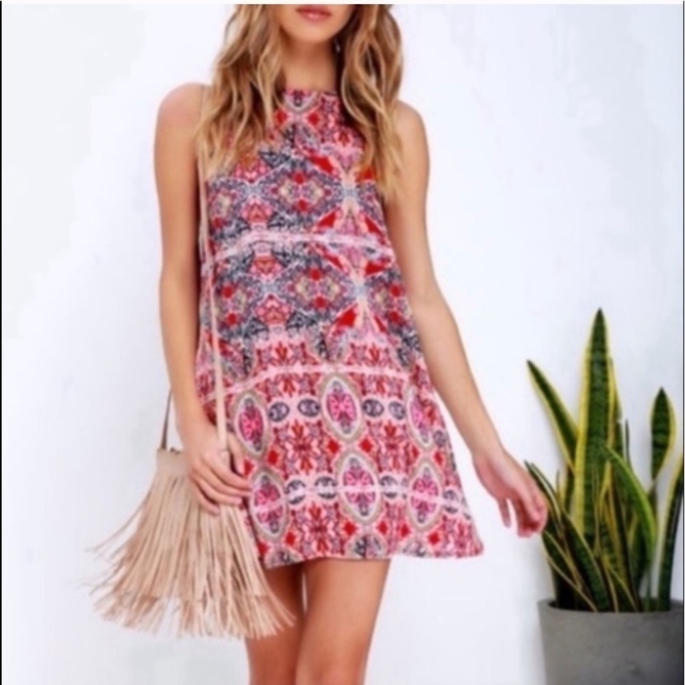 Lulus High Neck Boho Sleeveless Mini Dress